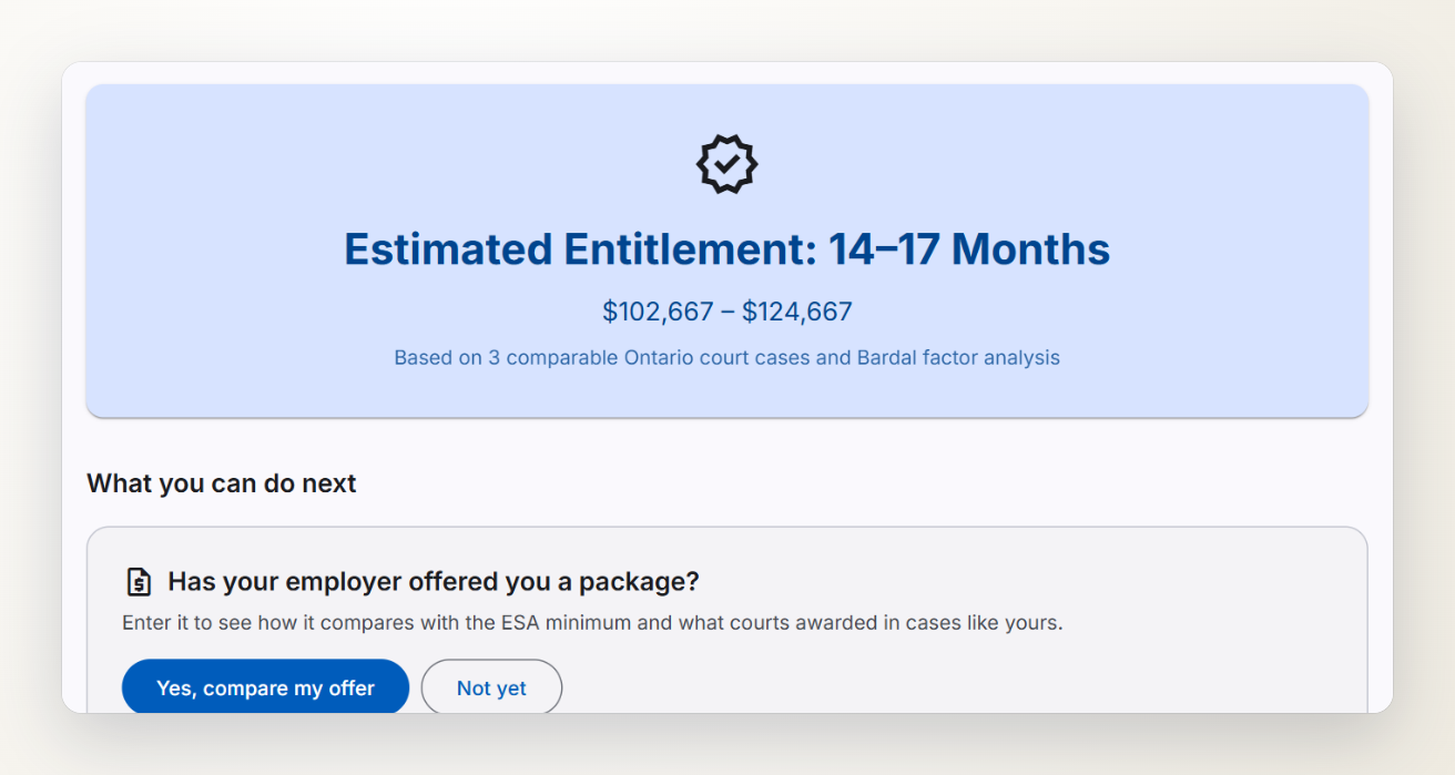 A calculator result: estimated entitlement of 14 to 17 months, $102,667 to $124,667, with a prompt to compare an employer's offer