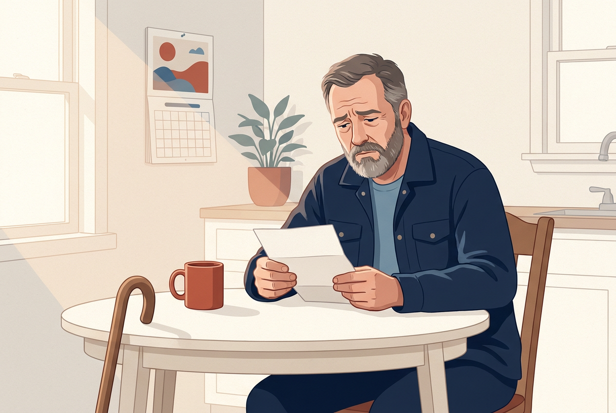A man in a work jacket sitting at his kitchen table, a cane leaning beside him, reading a letter with a worried, tired face