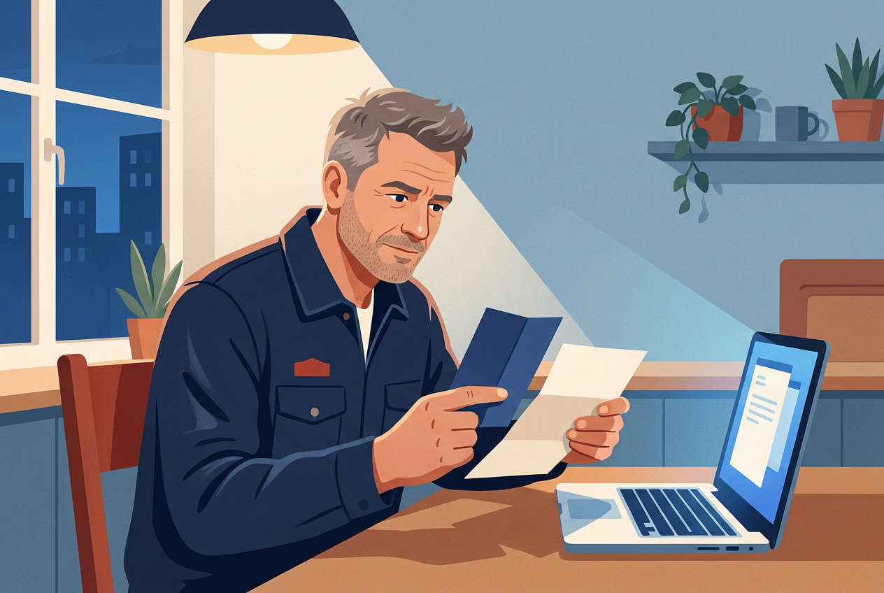 A man in a work jacket at his kitchen table in the evening, reading a letter, a laptop open beside him