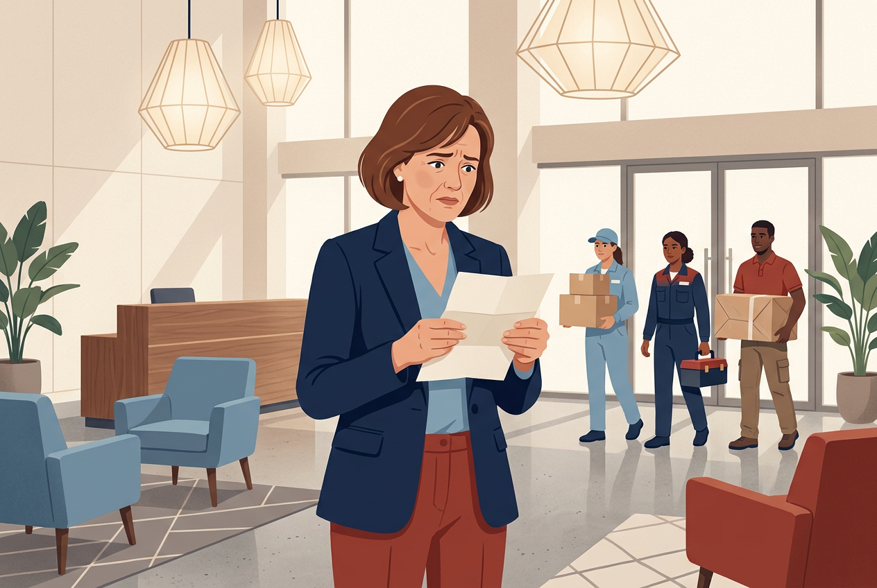 Illustration of a building manager in a condo lobby reading a letter with a worried look while workers from a new company arrive with boxes.