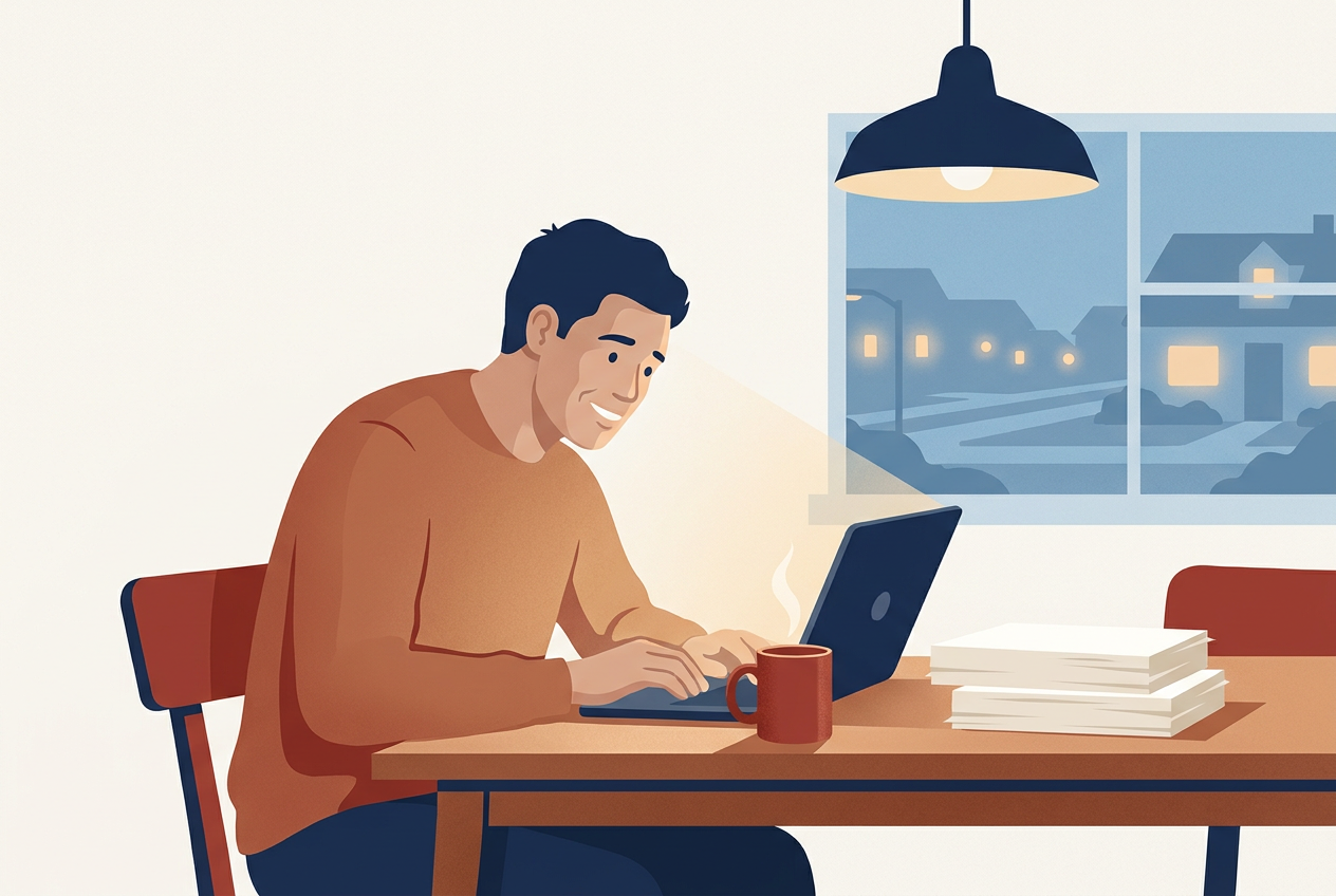 Illustration of a man at his kitchen table in the evening, smiling at his laptop, a mug of tea beside him.