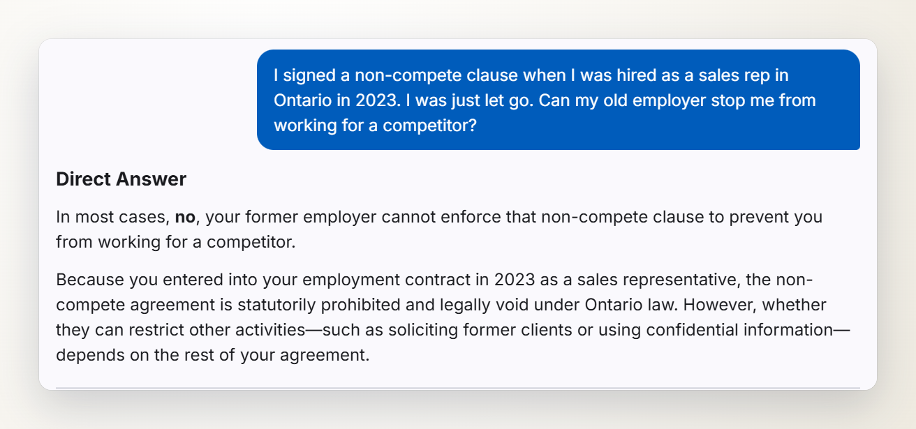 Screenshot of the Ontario Severance chat: a question about a non-compete clause signed in 2023, and the start of the answer saying that in most cases the former employer cannot enforce it.