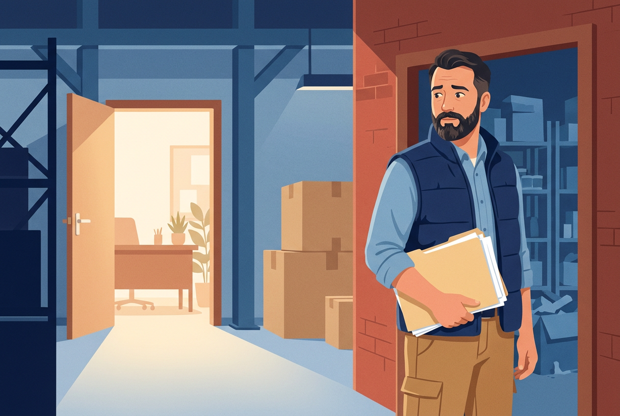 Illustration: a man in a work vest holds a folder of papers and looks back with worry at the workplace he is leaving, an open door to a bright office ahead of him.