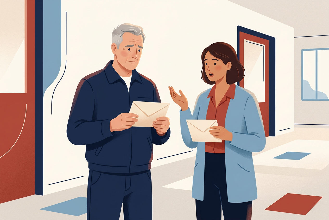 Two dismissed co-workers in an office corridor, each holding the same envelope: a grey-haired man in a work jacket looks worried while a younger woman looks at him in surprise