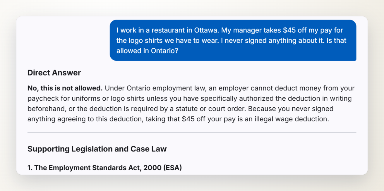 Screenshot of the Ontario Severance chat: a restaurant worker asks whether $45 can be taken off their pay for logo shirts, and the answer explains that a deduction needs their written authorization