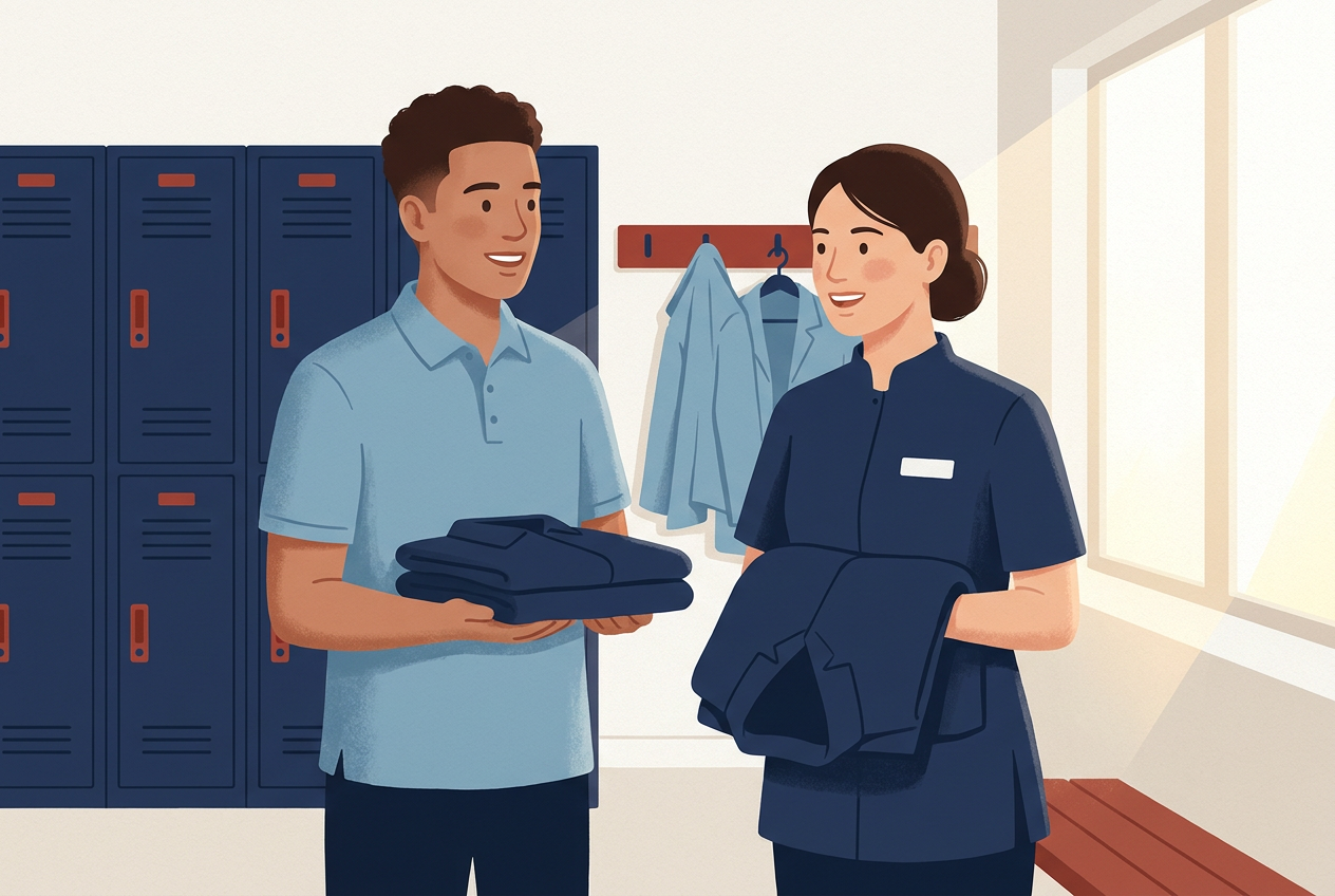 Illustration of a retail worker and a hotel housekeeper in a staff room, each holding a folded work uniform and smiling