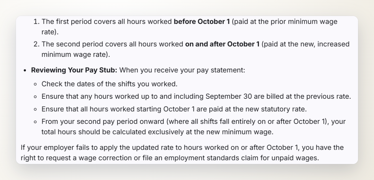 Screenshot of an answer from the Ontario Severance chat explaining how to check a pay stub when the minimum wage changes mid pay period.