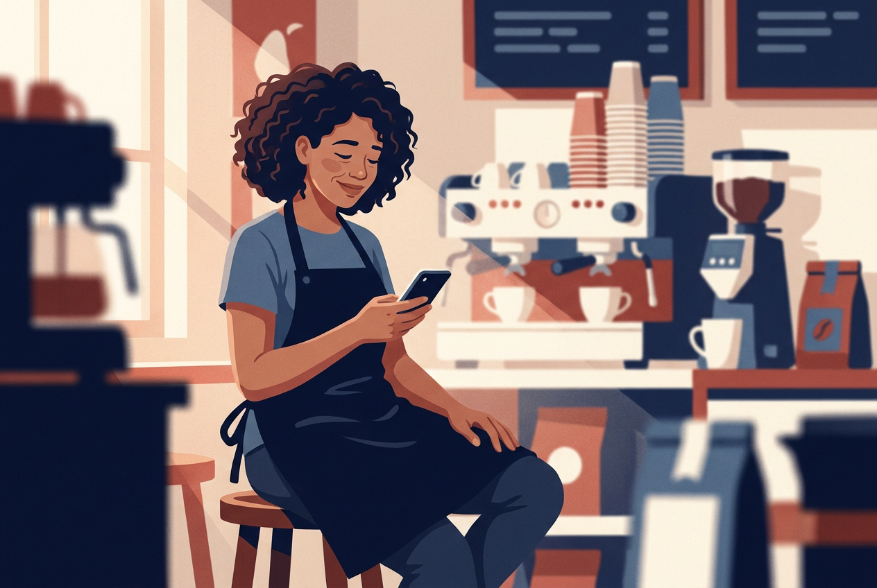 Illustration of a young barista on a break in the back of a coffee shop, smiling at her pay on her phone.