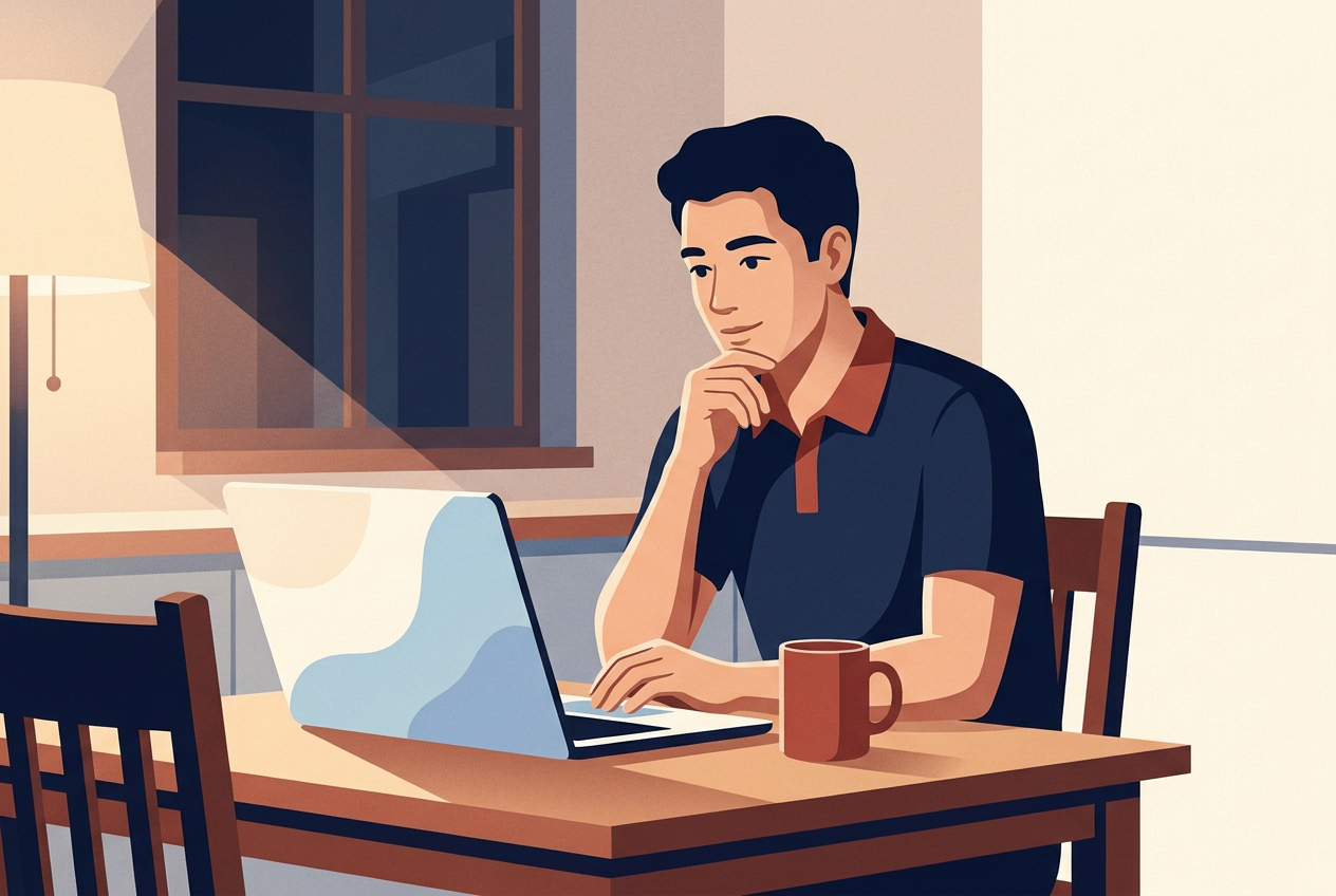 Illustration of a young man in a work polo at his kitchen table in the evening, thinking as he looks at his laptop.