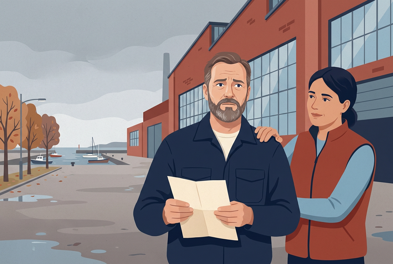 Illustration: a worker holding a folded letter outside a brick plant by a harbour, a colleague's hand on their shoulder.