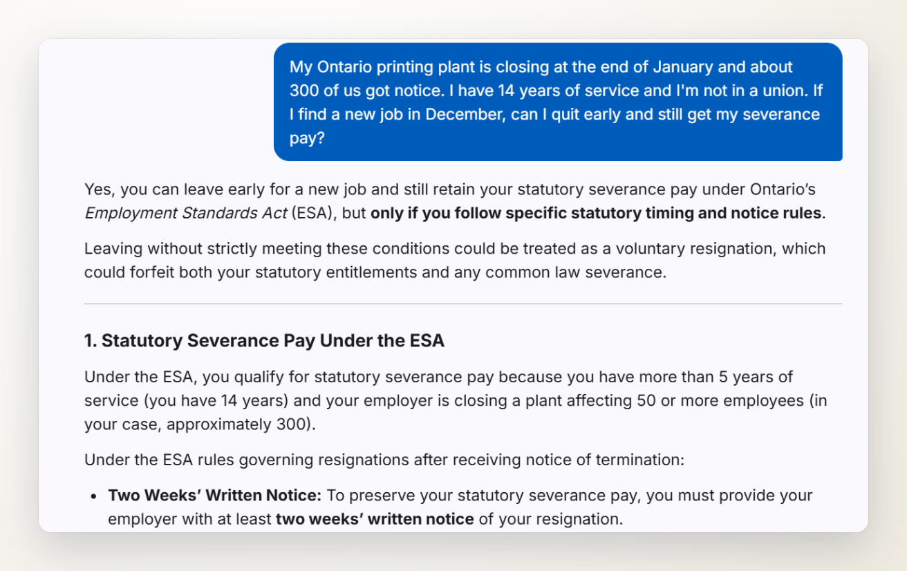 A chat answer on the site to a made-up question about quitting early for a new job during a plant closure notice period.