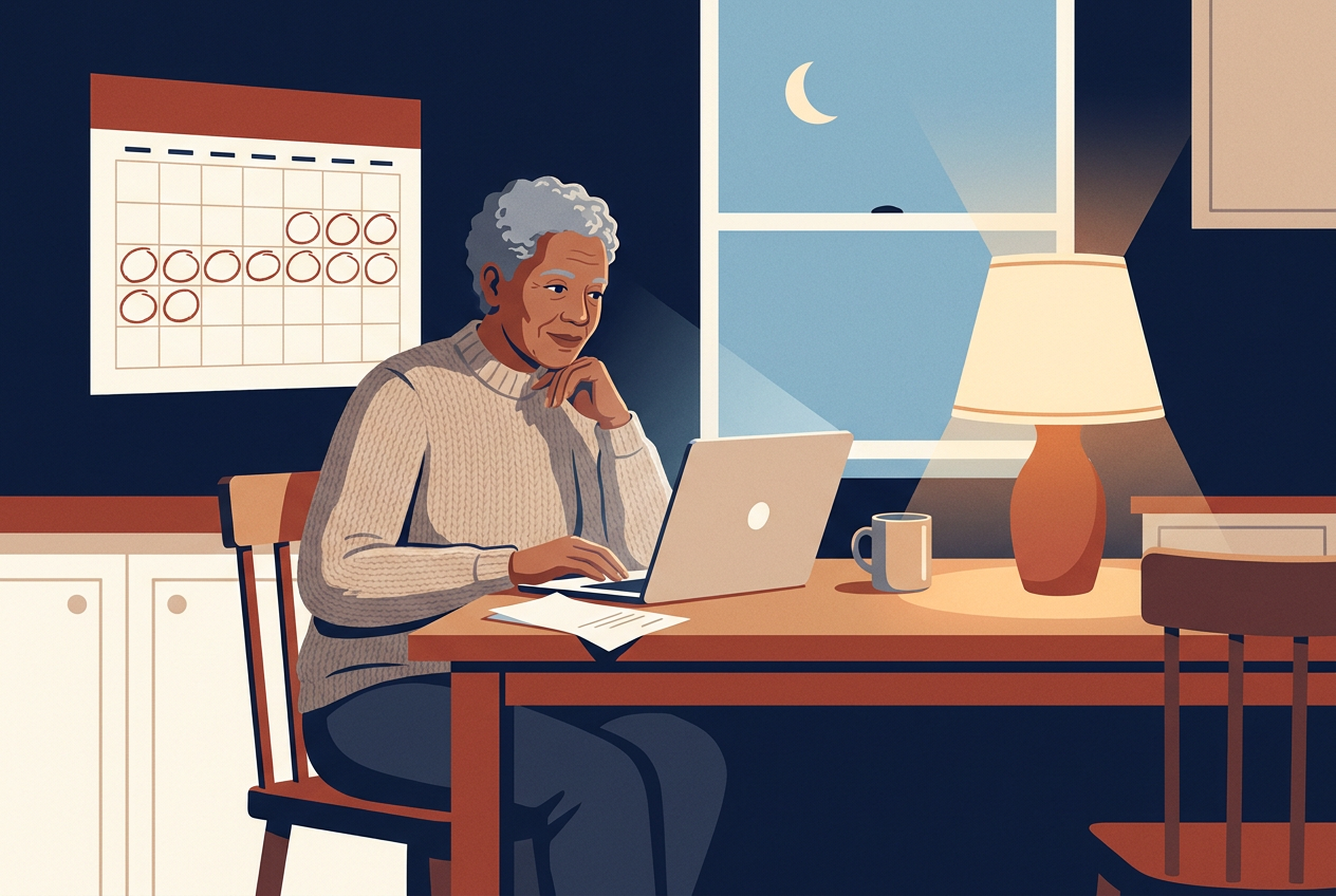 Illustration: a worker at a kitchen table in the evening with a laptop and a notice letter, a calendar with circled weeks on the wall.
