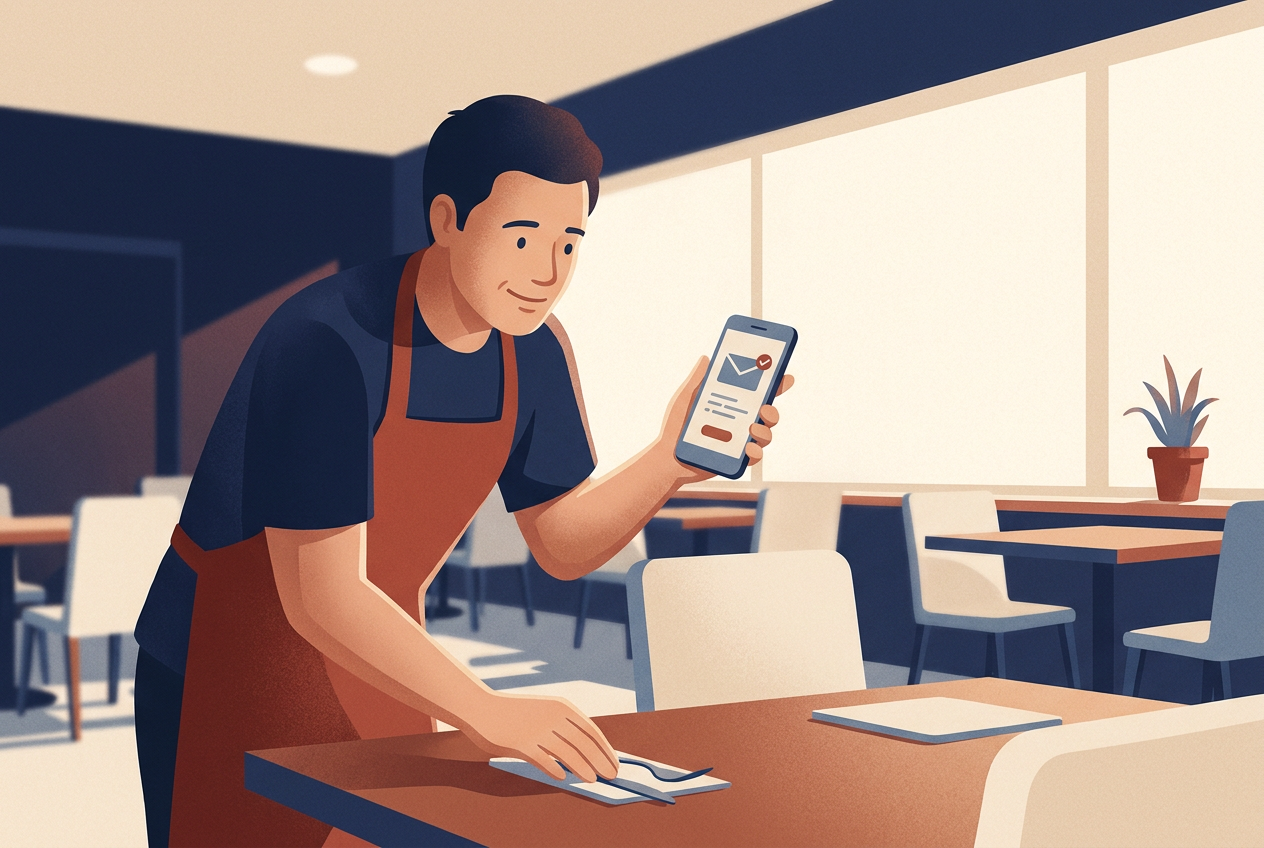 Illustration: a restaurant server setting a table in a quiet dining room, smiling at an email on their phone