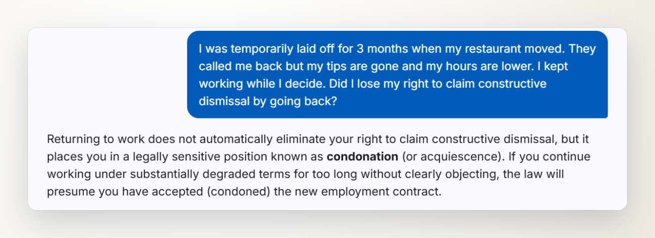 Screenshot of the Ontario Severance chat: a question about going back to work after a temporary layoff, and the start of the answer