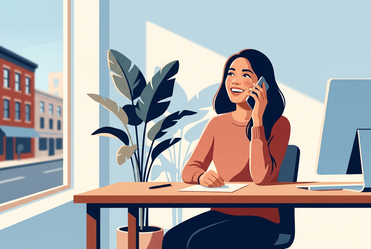 Illustration: a smiling person at a desk taking a phone call, looking hopeful.