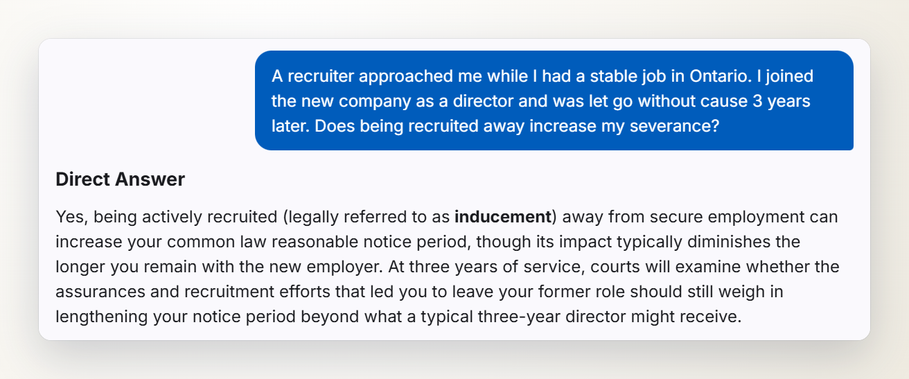 Screenshot of the Ontario Severance chat: a question about being recruited and then let go after 3 years, and the start of the answer about inducement.