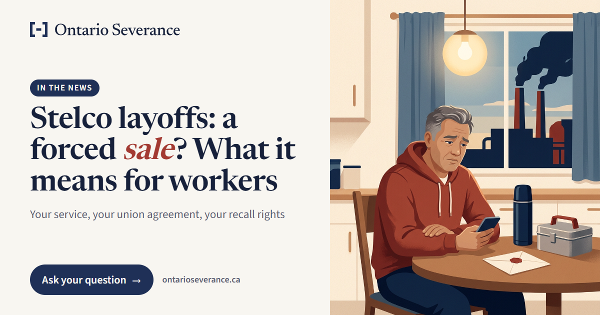 Illustration: a steelworker at his kitchen table in the evening, reading news on his phone, worried. Text: In the news. Stelco layoffs: a forced sale? What it means for workers. Ask your question.