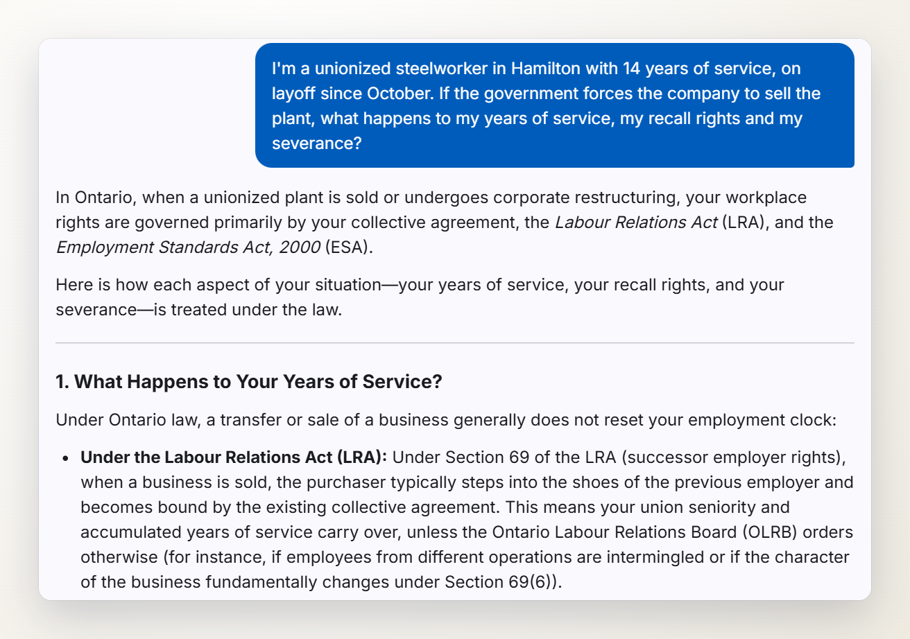 Screenshot of the Ontario Severance chat answering a question about what happens to a laid-off worker's service if their employer is sold.