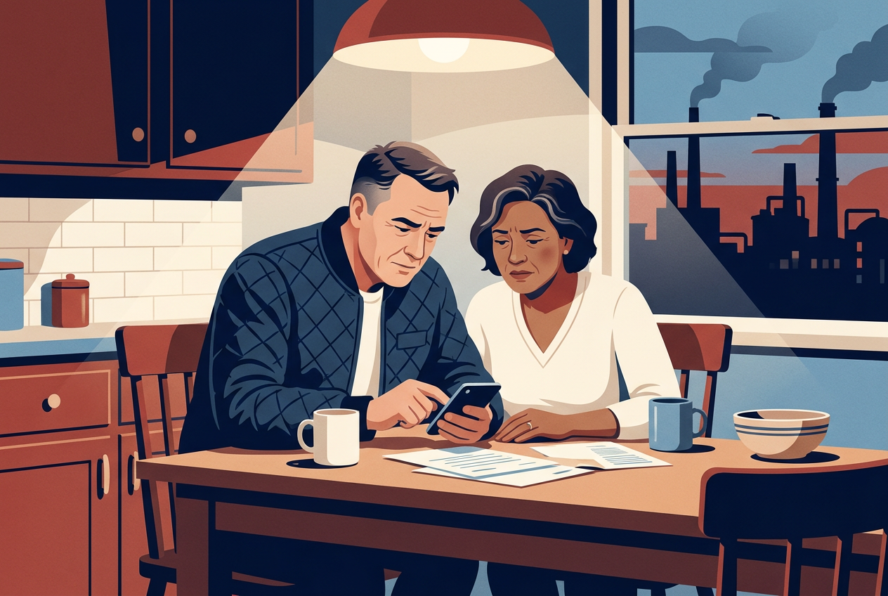Illustration: a couple at their kitchen table in the evening, reading the news on a phone together, worried, with papers on the table and smokestacks in the window.