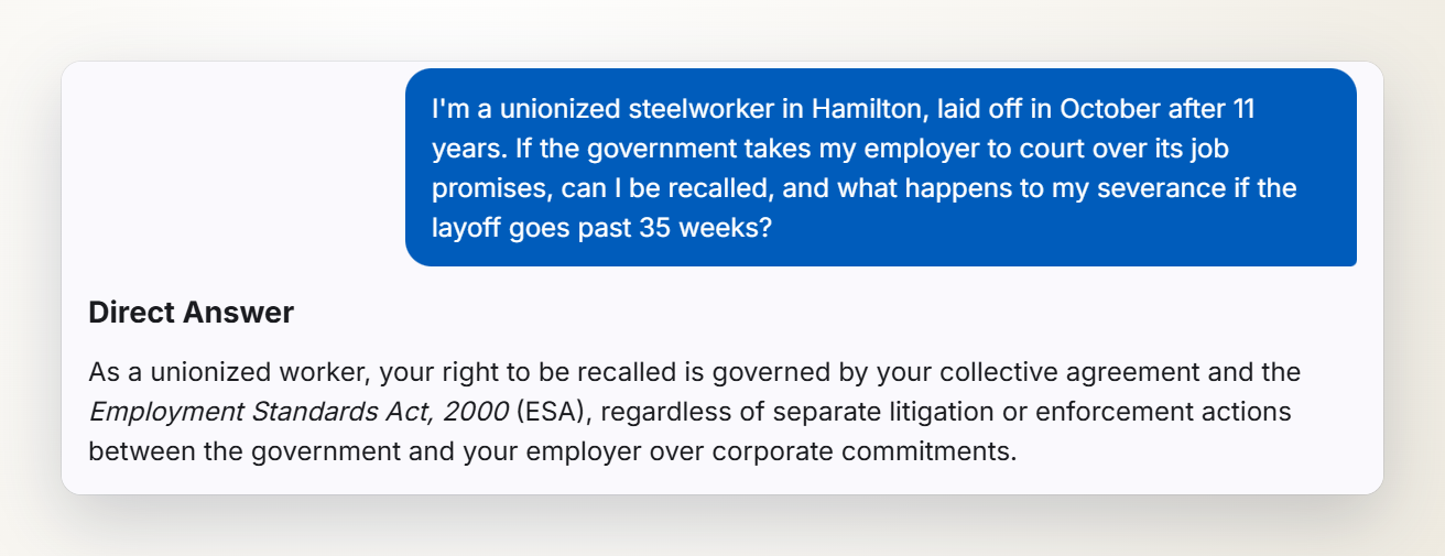 Screenshot of the Ontario Severance chat answering a question from a laid-off unionized steelworker about recall rights and a government court case.