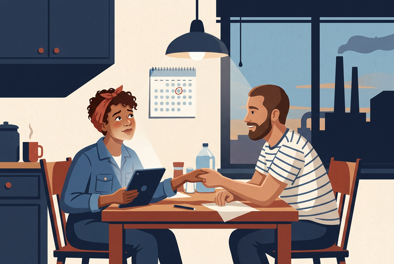 Illustration: a steelworker and her partner at a kitchen table in the evening, reading a letter on a tablet, with a date circled on a wall calendar and mill smokestacks through the window.