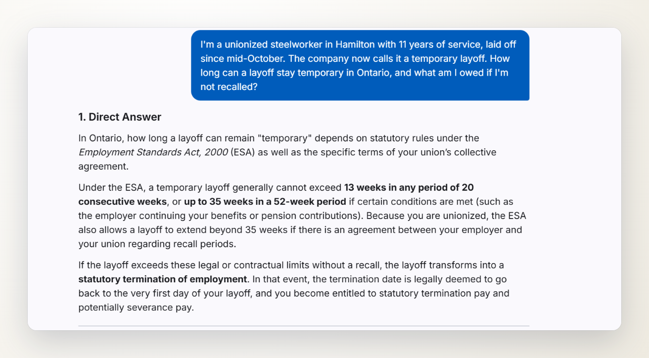 Screenshot of the Ontario Severance chat: a question from a made-up unionized steelworker about how long a layoff can stay temporary, and the start of the answer.