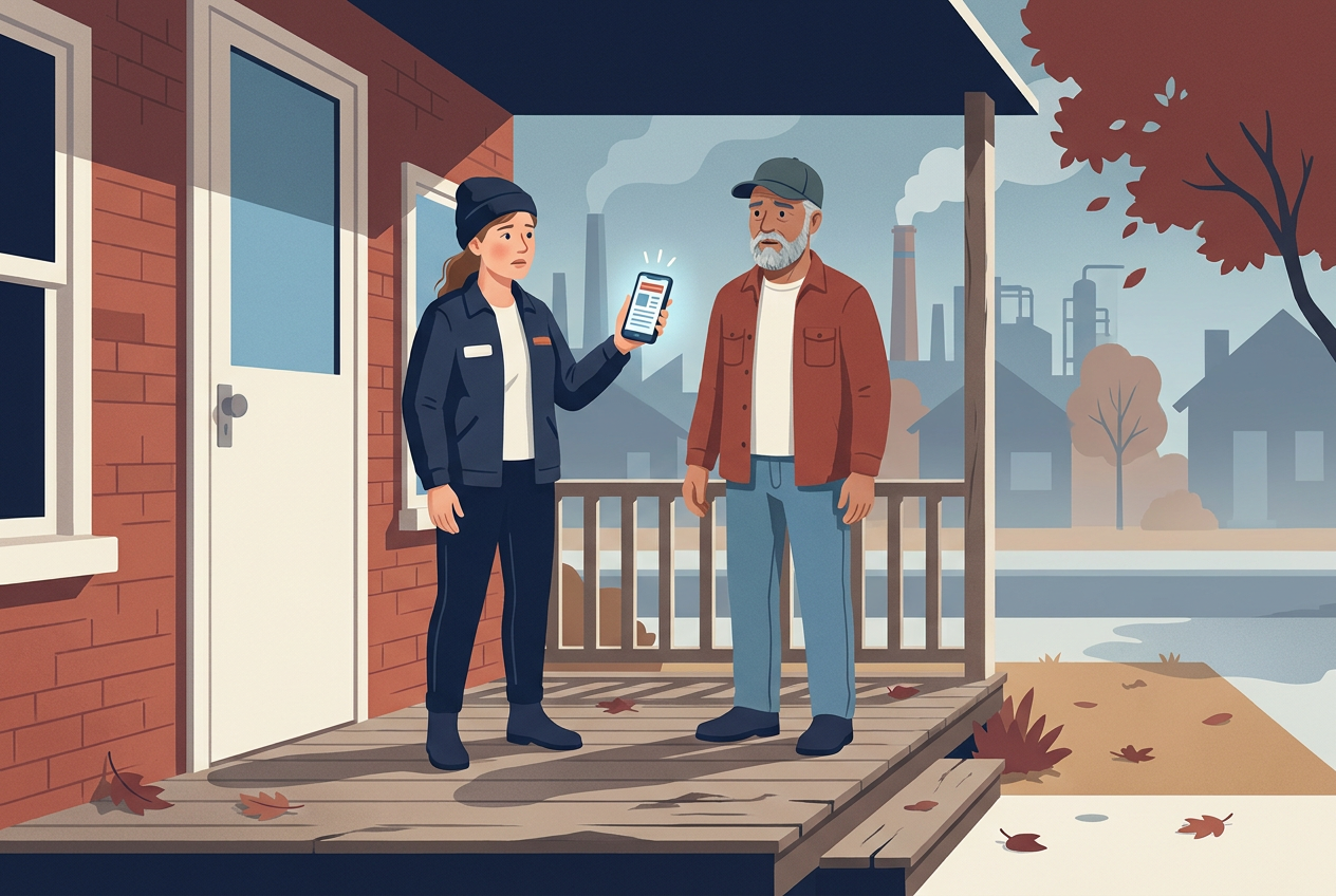 Illustration: two steelworkers on a porch in an industrial city in autumn, one showing the other the news on her phone, both waiting to hear about a recall.