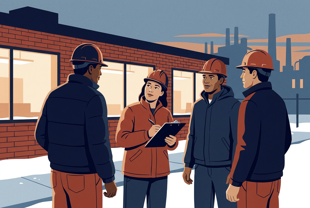 Illustration: steelworkers in winter jackets talking with their union steward outside a union hall in an industrial city, one taking notes.