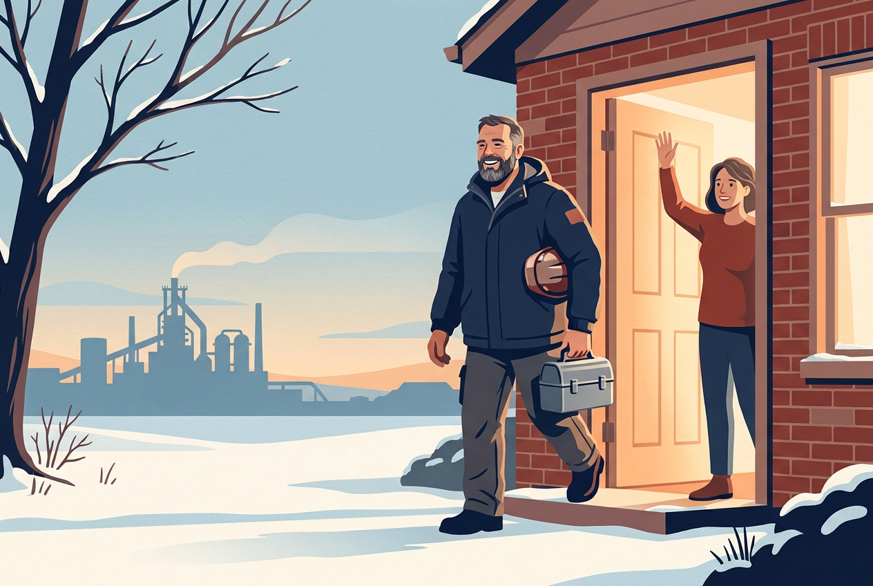 Illustration: a steelworker leaving home at dawn in winter with his lunch box and hard hat, his partner waving from the doorway, a steel plant on the horizon.