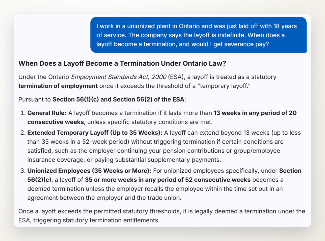 Screenshot of the Ontario Severance chat answering a question from a unionized worker with 18 years of service about when a layoff becomes a termination.