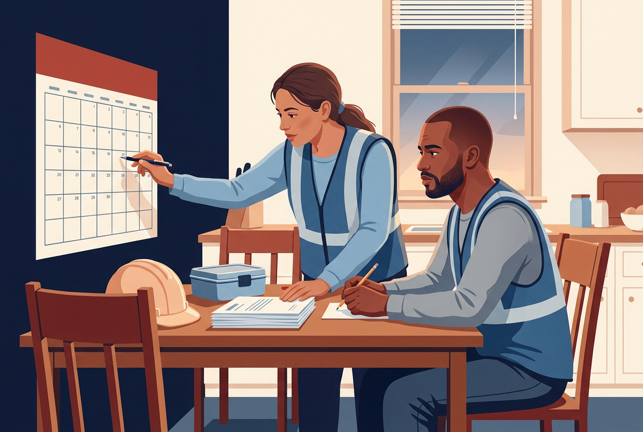 Illustration of two workers in safety vests at a kitchen table with papers, a hard hat and a lunch box, one marking a date on a wall calendar.