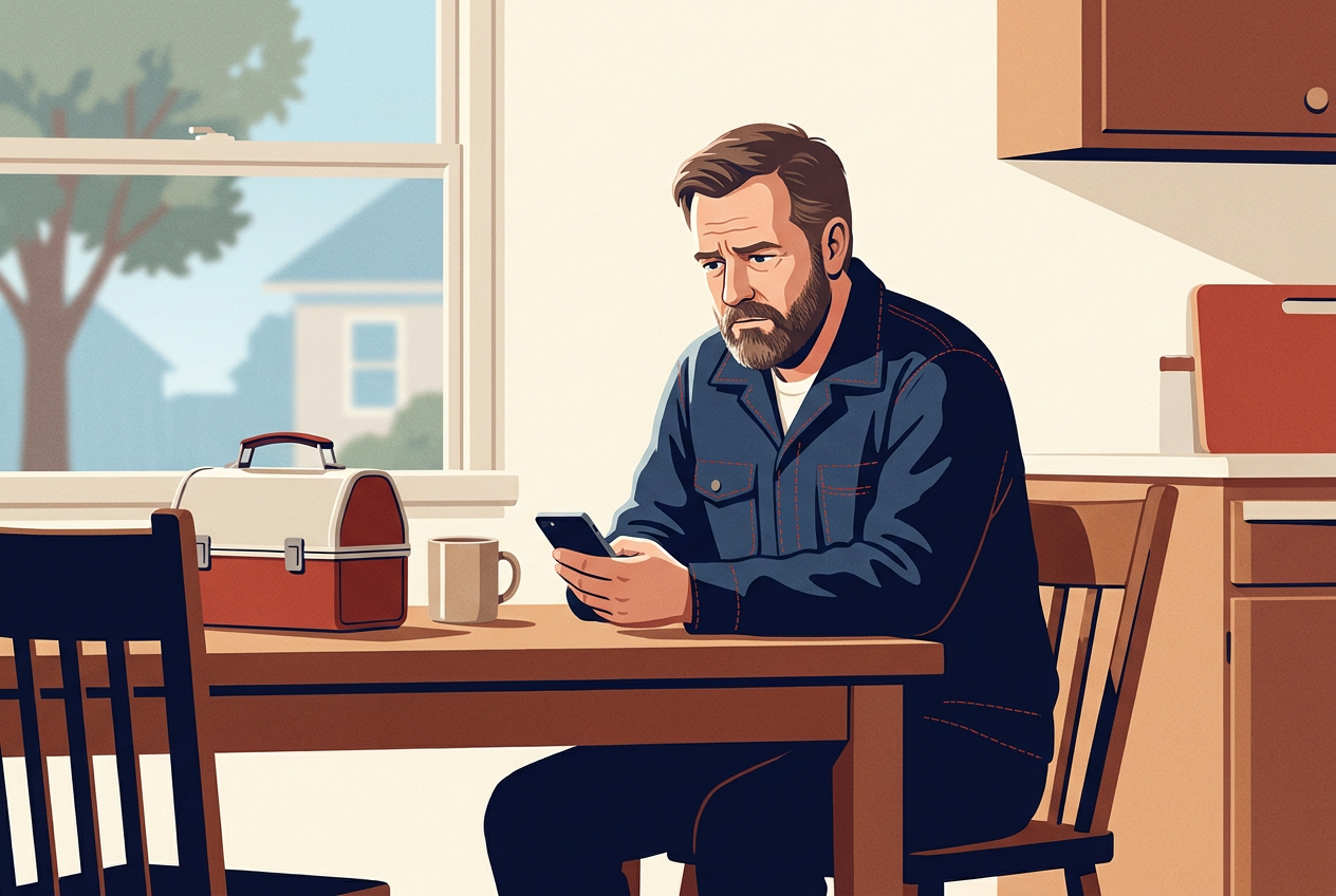 Illustration of an autoworker at a kitchen table reading news on a phone, a lunch box beside him, looking concerned