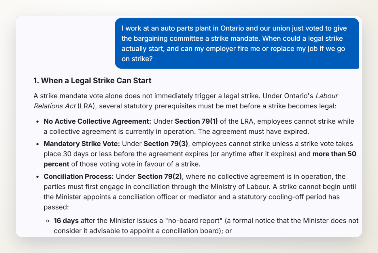 Screenshot of the Ontario Severance chat answering a made-up question about when a legal strike can start after a strike vote