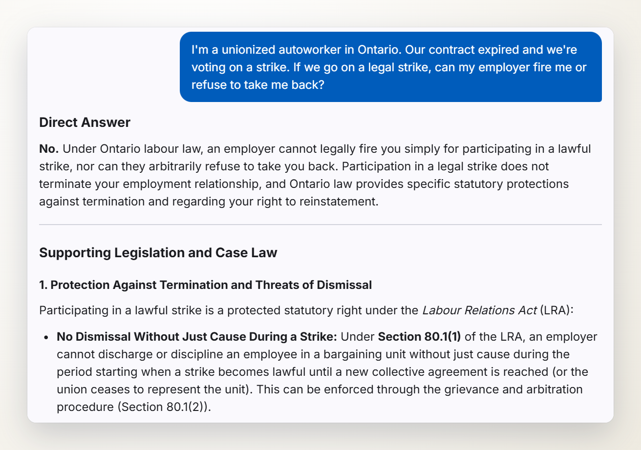 Screenshot of the Ontario Severance chat answering a question about being fired during a legal strike, citing section 80.1 of the Labour Relations Act.