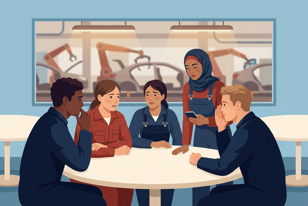 Illustration: autoworkers sitting around a break room table, talking with concern, an assembly line behind the window.