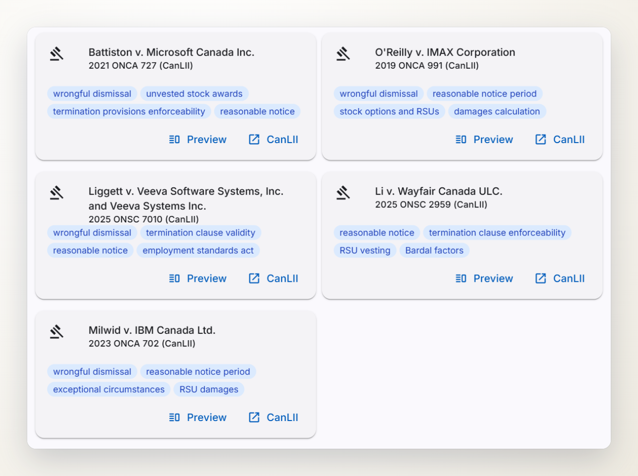 Screenshot of court decision cards from the Ontario Severance chat, tagged unvested stock awards, RSU vesting and termination clause enforceability.
