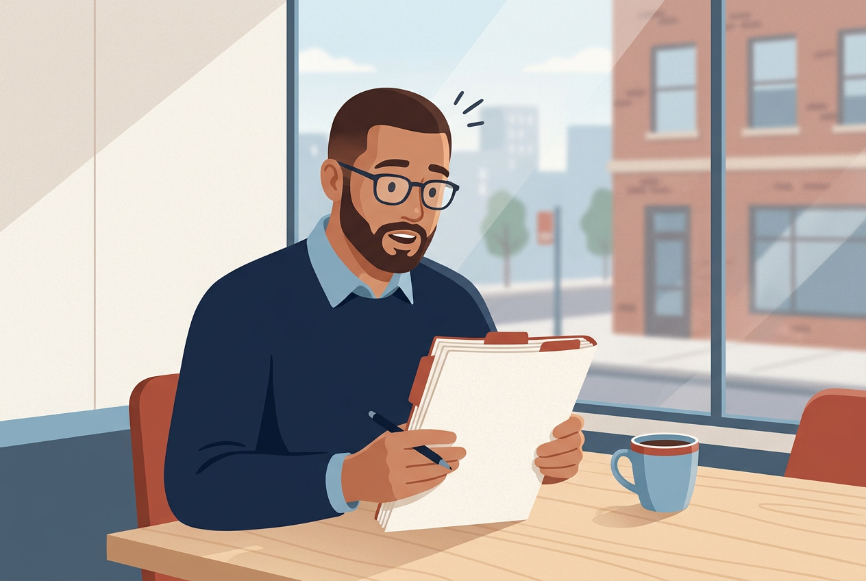 Illustration of a man at a café table reading the fine print of a thick contract, pen in hand, surprised.