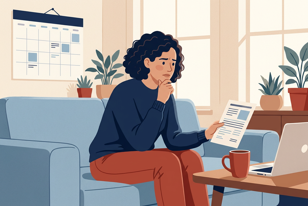 A woman on her couch reading her employment contract, a laptop and a calendar nearby, looking concerned
