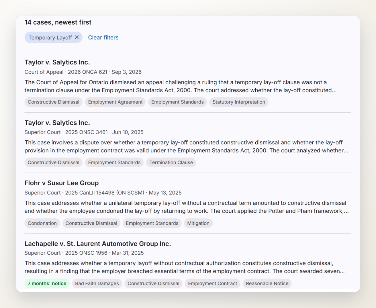 Court Cases results filtered by the keyword Temporary Layoff: 14 decisions, newest first