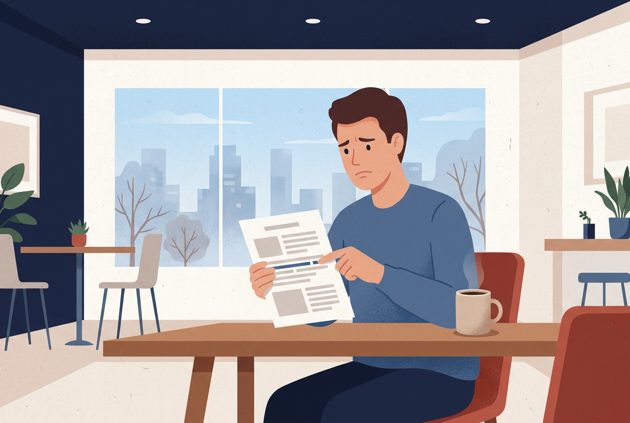 Illustration of a man at a café table pointing at one paragraph of a printed contract, looking worried.