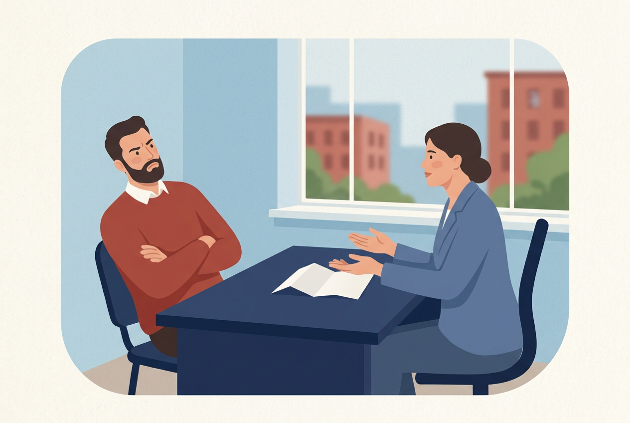 Illustration: an employee with arms crossed across a desk from his employer, who gestures openly over a contract