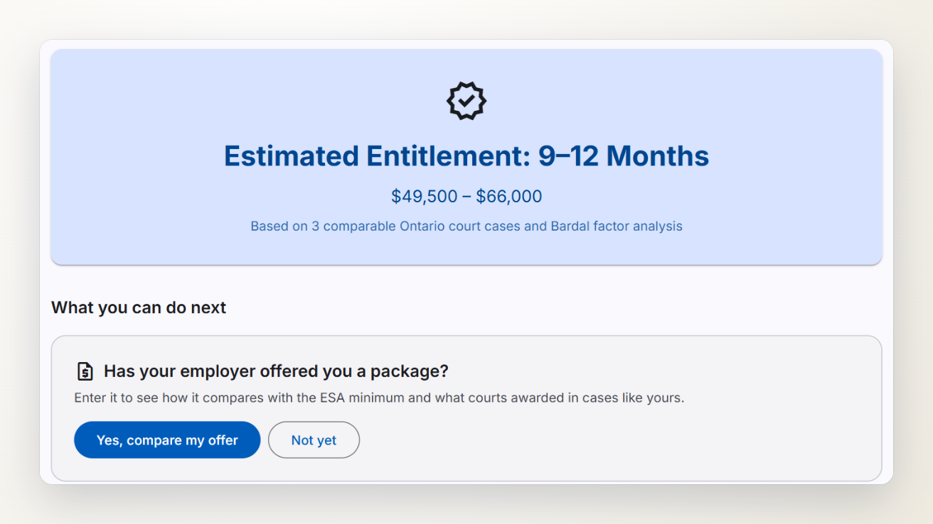 A calculator result: estimated entitlement of 9 to 12 months, $49,500 to $66,000, with a prompt to compare an employer's offer