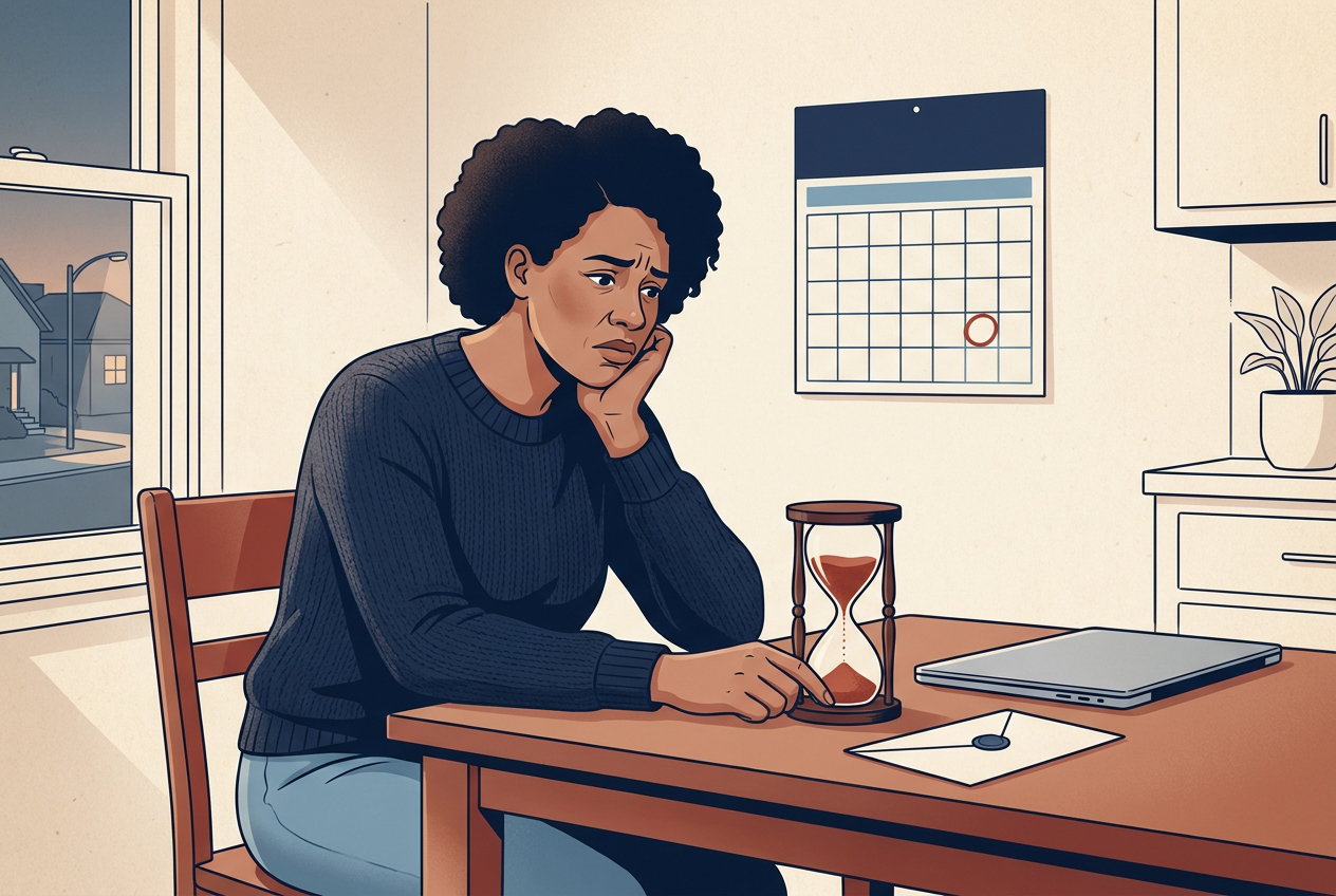 A worried woman at her kitchen table at dusk, chin in her hand, an hourglass running out beside an envelope and a laptop, a calendar on the wall