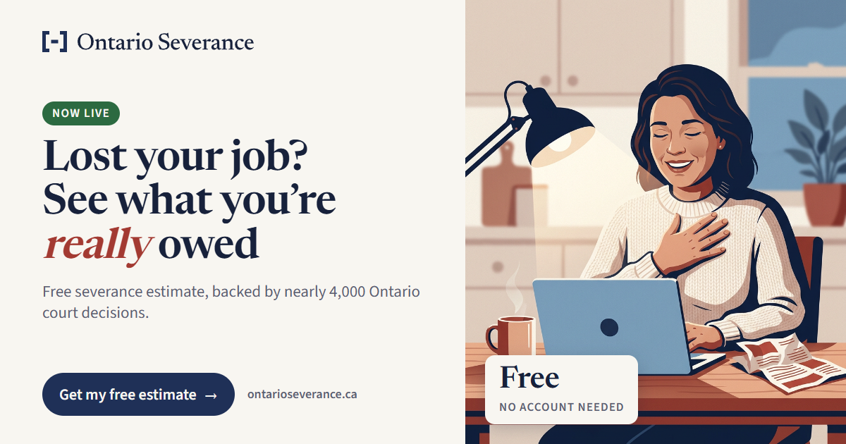Illustration: a woman at her kitchen table smiles with relief at her laptop. Text: Now live. Lost your job? See what you're really owed. Get my free estimate. Badge: Free, no account needed.