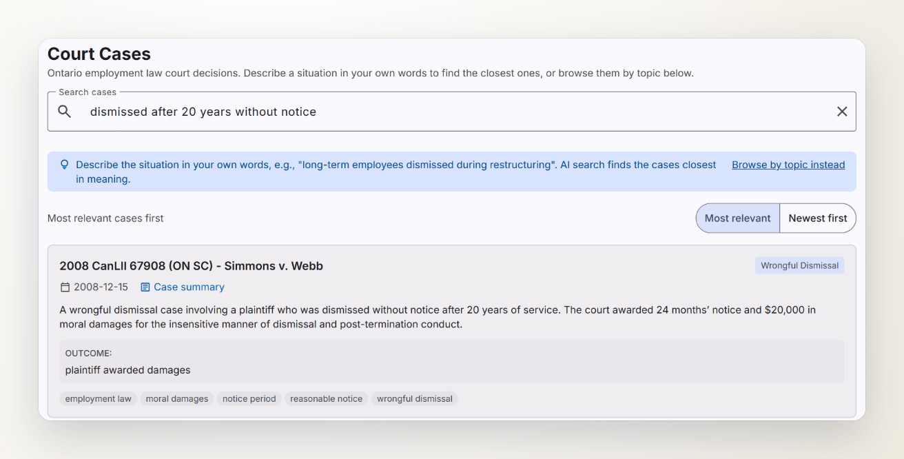 Screenshot of Court Cases search results for: dismissed after 20 years without notice.