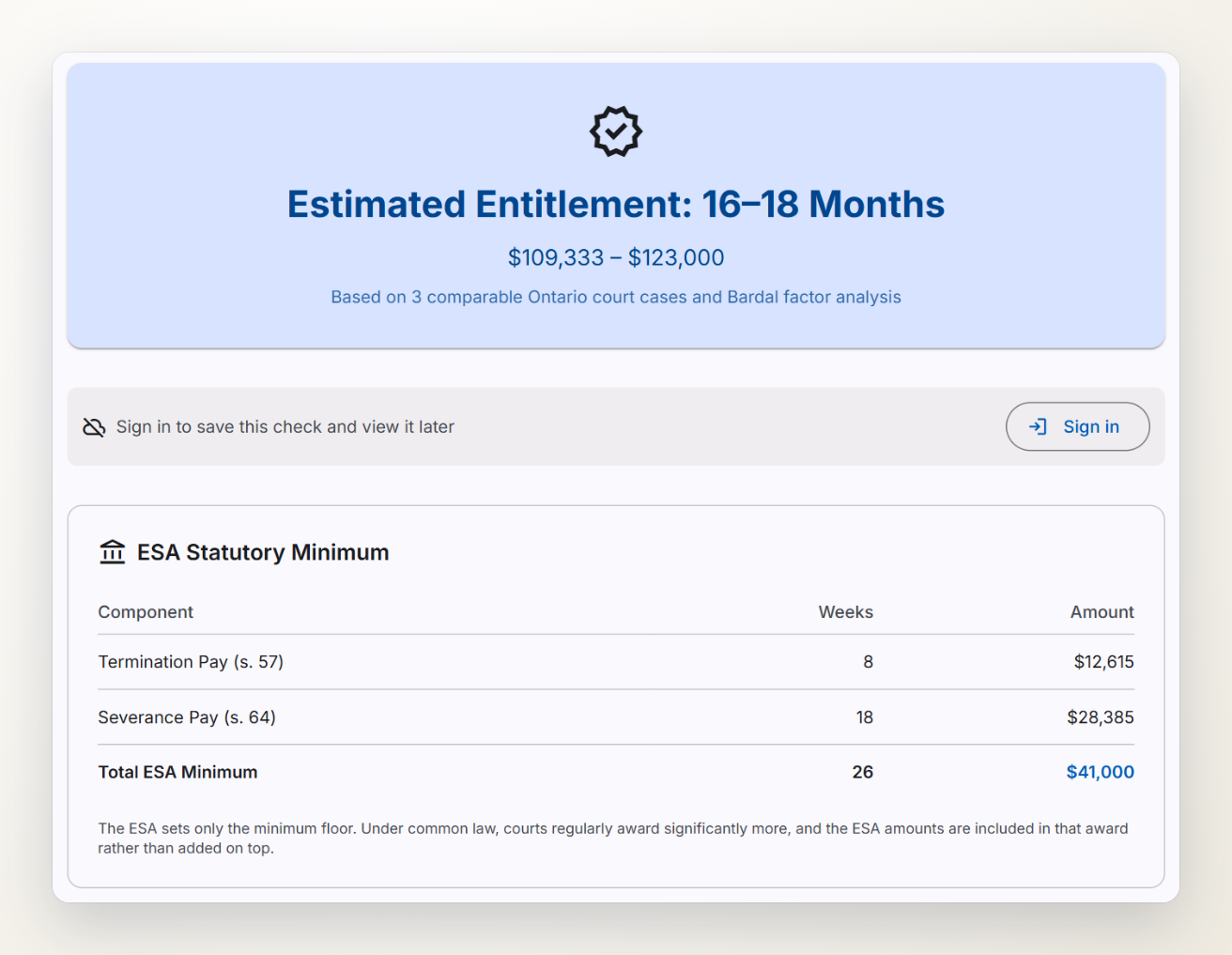 Screenshot of a severance calculator result: estimated entitlement of 16 to 18 months, $109,333 to $123,000, above an ESA minimum of $41,000.