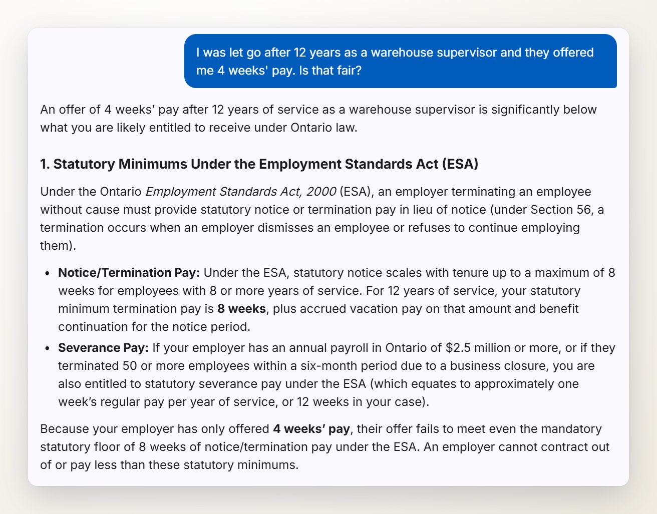 Screenshot of the chat answering: offered 4 weeks' pay after 12 years as a warehouse supervisor, is that fair?