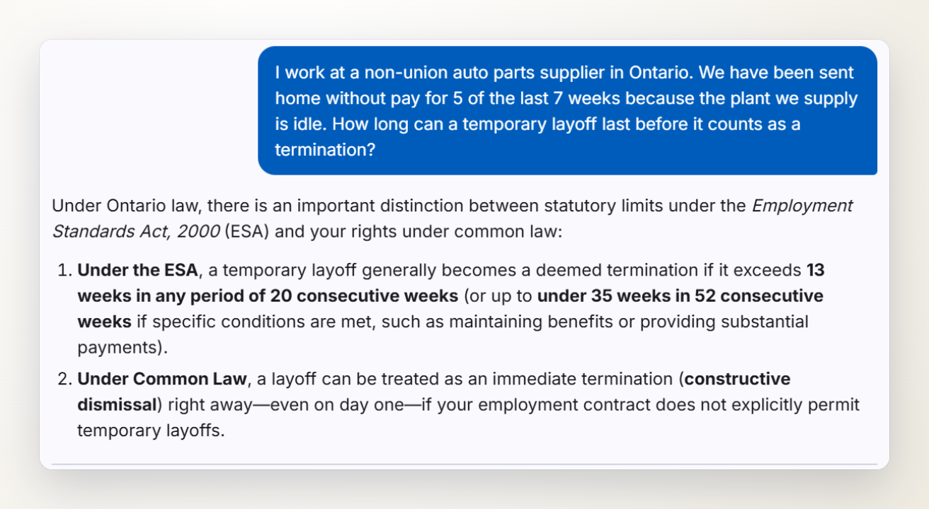 Screenshot: a made-up question from a non-union parts supplier worker, and the start of the chat's answer about the 13-week and 35-week limits.
