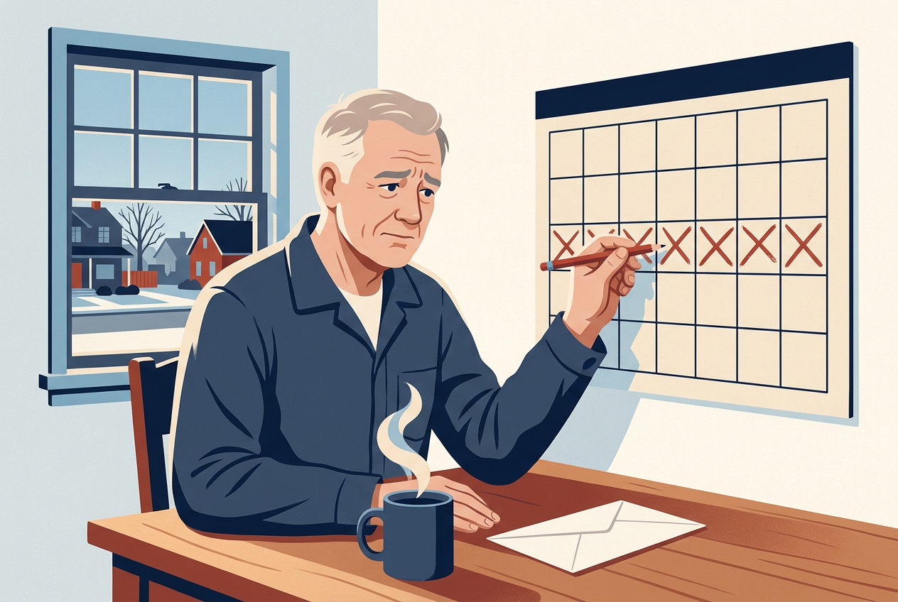 Illustration: a worker at his kitchen table marks off weeks on a wall calendar, a coffee and an unopened envelope beside him.