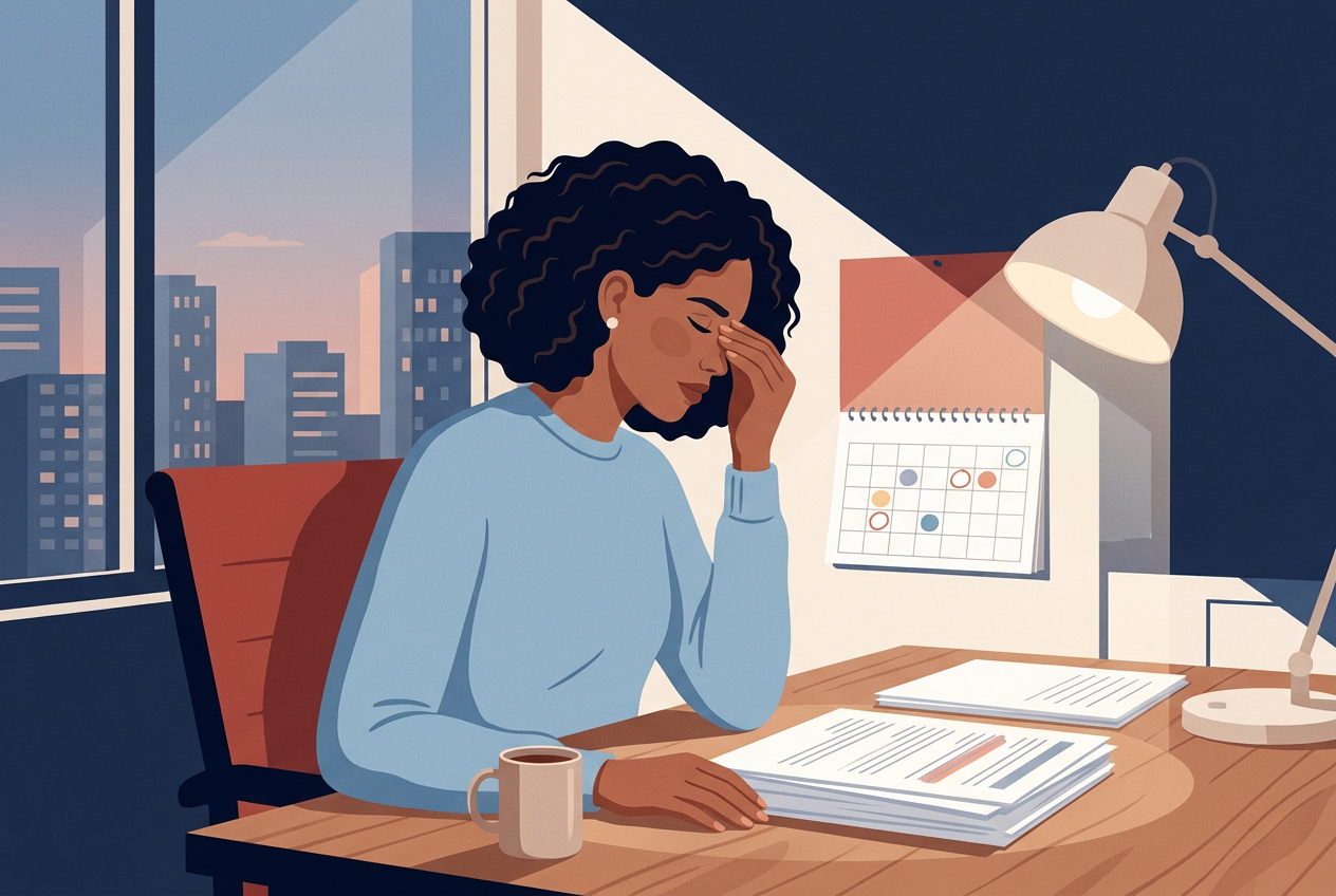 Illustration: a worker at her desk in the evening, eyes closed, rubbing her temple, a stack of papers and a calendar beside her.